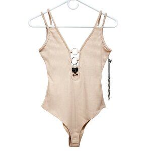 Ribbed Pink Sleeveless Bodysuit With Silver Rings Detail Size S